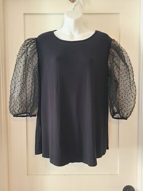 Kim & Cami Black Puff-Sleeve Dot Mesh Tunic